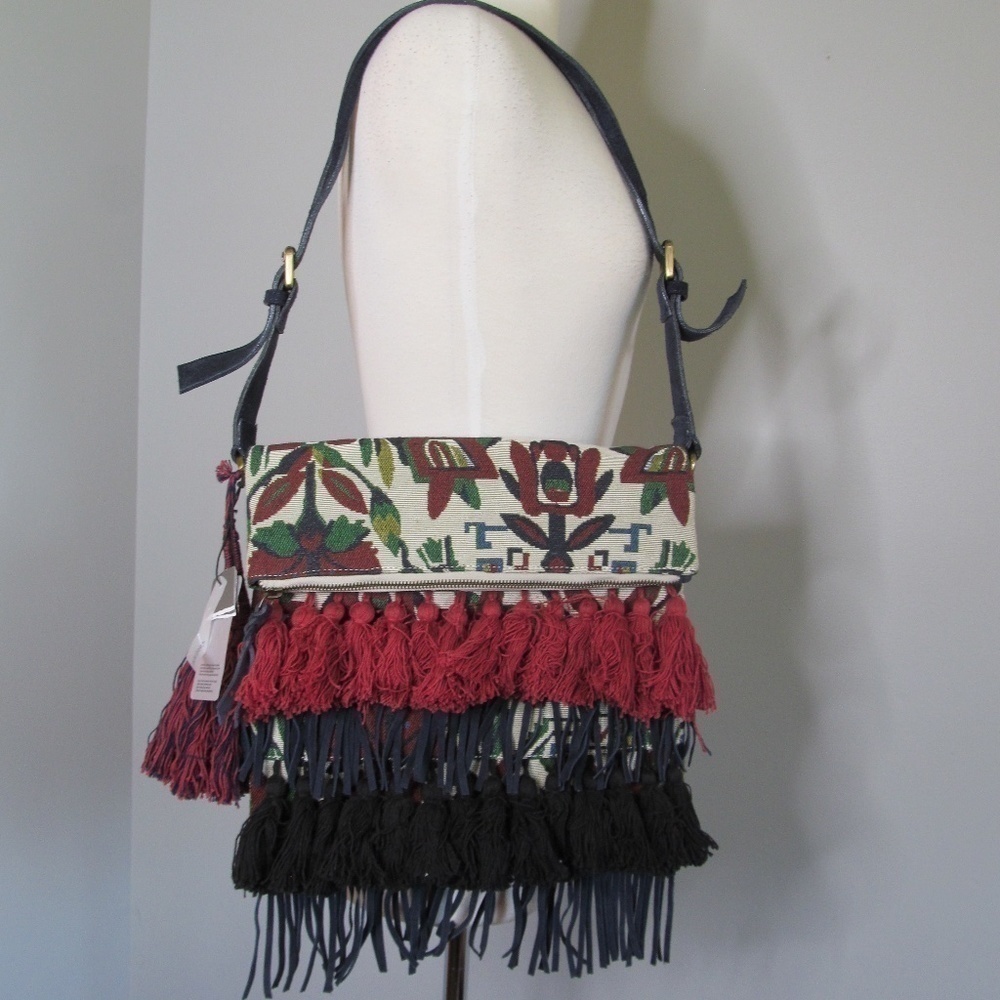Parfois Canvas Boho Fringe Tacles Shoulder Bag